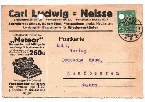 Postkarte Carl Ludwig Neisse Schlesien 1925 Meteor Schreibmasche typewriter