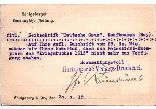 Postkarte Königsberg Hartungsche Zeitung 1915 Ostpreußen