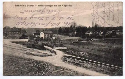 Ak Sissonne Aisne Bahnhof Anlagen aus der Vogelschau