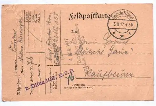 Feldpost Karte 1917 Stempel Difua 108 DFP Frankreich