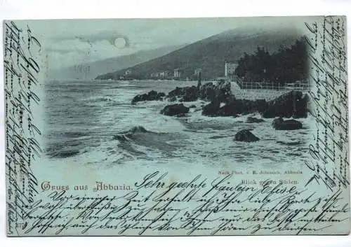 Litho Ak Gruss aus Abbazia Opatija Blick gegen Süden Mondschein 1898 Frankatur