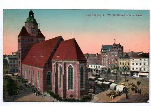 Ak Landsberg Warthe St Marienkirche und Markt 1914 Allenstein