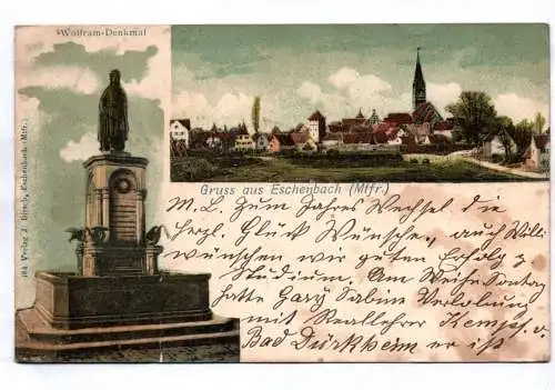 Litho Ak Gruss aus Eschenbach Mittelfranken Wolfram Denkmal 1911