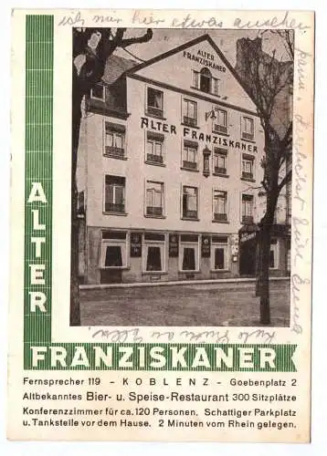 Postkarte Koblenz Alter Franziskaner Bier und Speise Restaurant 1933