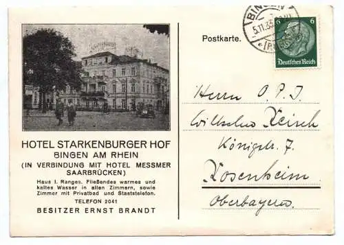 Postkarte Bingen am Rhein Hotel Starkenburger Hof 1933