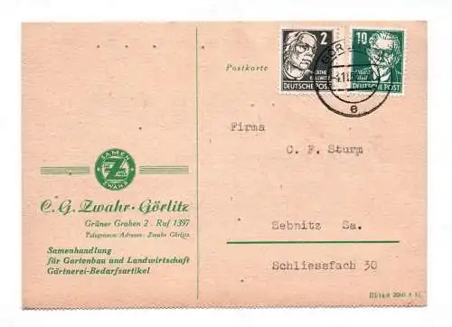 Postkarte Zwahr Görlitz Samenhandlung für Gartenbau 1952