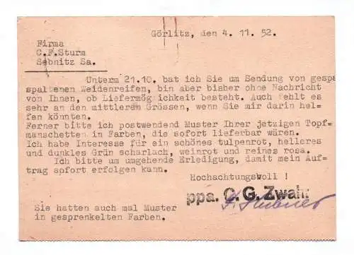 Postkarte Zwahr Görlitz Samenhandlung für Gartenbau 1952