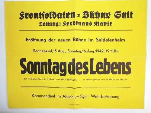 Altes Plakat Frontsoldaten Bühne Sylt 1942 Soldaten Theater 2 Wk WW2