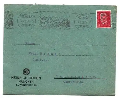 Brief Heinrich Cohen München nach Leutersdorf DR 1928