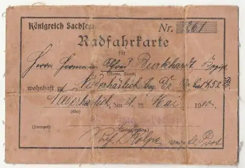 Radfahrkarte Königreich Sachsen 1910 Niederhaslich Fahrrad Radfahrer