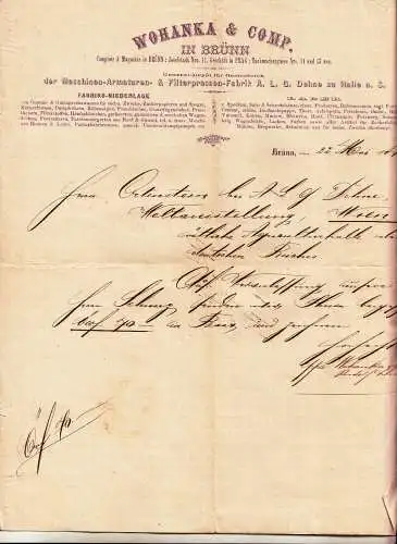 Briefkopf Wohanka & Comp Maschinen Armaturen Filterpressen Brünn 1873 ! (D7
