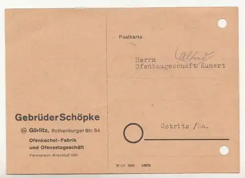 Postkarte Rechnung Gebrüder Schöpke Görlitz Ofenkachel Fabrik Ofensetzer 1949 !D