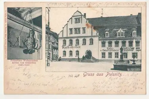 Litho Ak Gruss aus Pulsnitz in Sachsen Wahrzeichen Ritter von Schlieben 