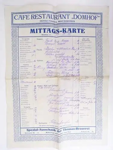 Alte Speisekarte Cafe Restaurant Domhof München 1916