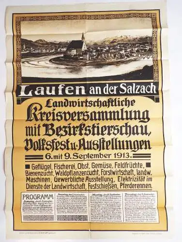 Altes Plakat Laufen an der Salzach Tierschau Volksfest 1913