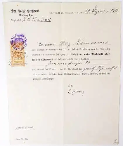 Dokument Polizei Präsident Berlin Stempelmarke Preussen 1911