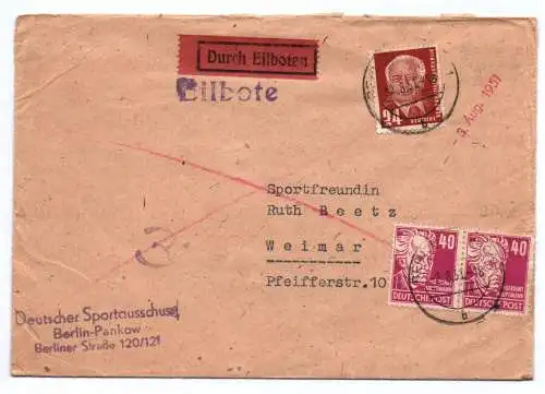 DDR Brief Eilbote Deutscher Sportausschuss Berlin Pankow Weimar Stempel 1951