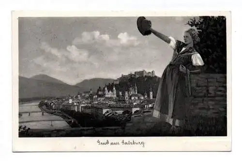 Ak Gruß aus Salzburg Österreich 1936 Frau mit Hut in der Hand