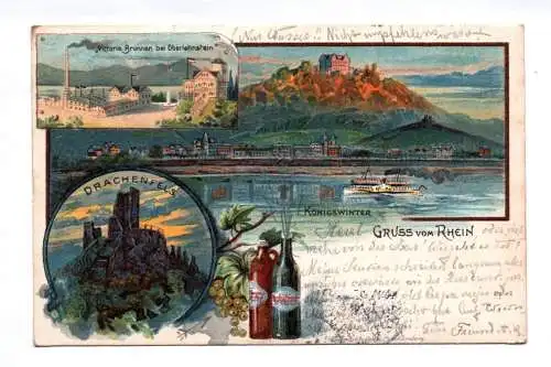 Litho Ak Gruss vom Rhein Königswinter Drachenfels Victoria Brunnen