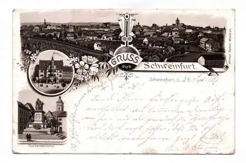 Litho Ak Gruss aus Schweinfurt 1897 Rückertdenkmal