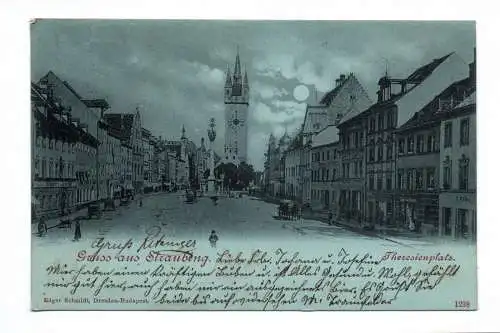 Litho Ak Gruss aus Straubing 1902 Theresienplatz Mondscheinkarte