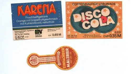 Etiketten Bautzen Disco Cola Karena Malzbier DDR