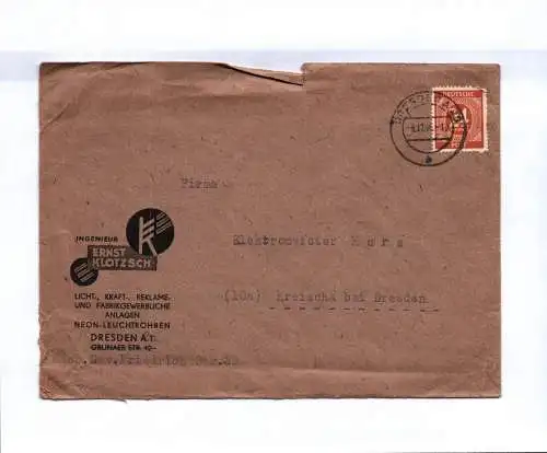 Brief Fabrikgewerbliche Anlagen Neon Leuchtröhren Dresden 1946