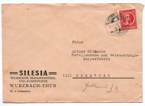 Brief Silesia Technische Bedarfsartikel Kunststoffe Wurzbach Thüringen 1946