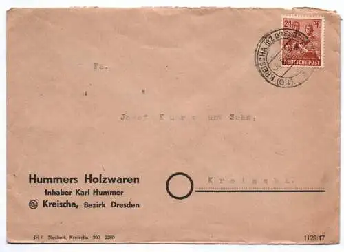 Brief Hummers Holzwaren Kreischa Bezirk Dresden 1948