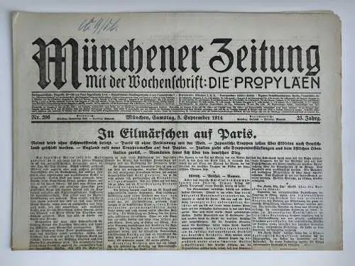 Münchner Zeitung 1. Wk Nr. 206 In Eilmärschen auf Paris 1914