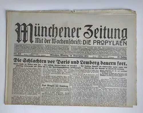 Münchner Zeitung Nr. 213 Schlachten vor Paris und Lemberg dauern fort 1. Wk 1914