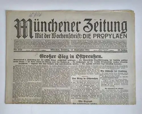 Münchner Zeitung 1. Wk Nr. 212a Großer Krieg in Ostpreußen 1914