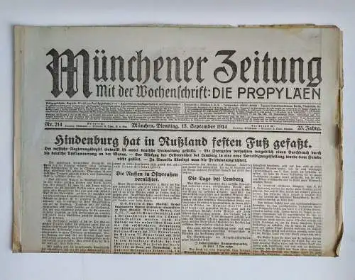 Münchner Zeitung 1 Wk Nr. 214 Hindenburg hat in Russland festen Fuß gefasst 1914