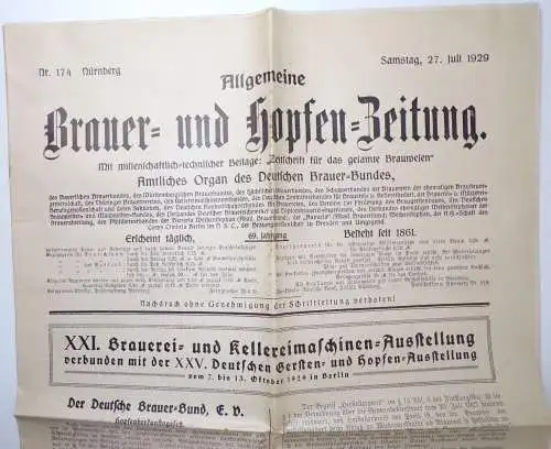 Allgemeine Brauer und Hopfen Zeitung Nr 174 Nürnberg 1929