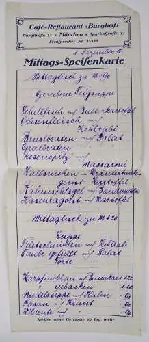 Speisekarten Cafe Restaurant Burghof München Burgstraße um 1910 Konvolut