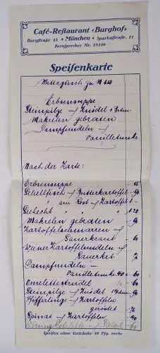 Speisekarten Cafe Restaurant Burghof München Burgstraße um 1910 Konvolut