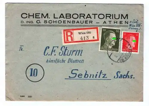 R Brief Wien 1944 Laboratorium Schoenbauer Athen nach Sebnitz