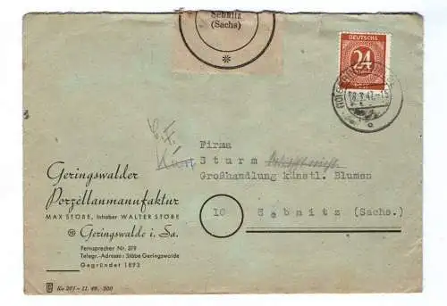 Brief Porzellan Manufaktur Geringswalde 1947 Postamt Sebnitz