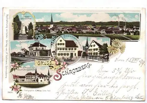 Litho Ak Gruss aus Schrozberg 1899 Bahnhof Brauerei Gasthof zum Lamm