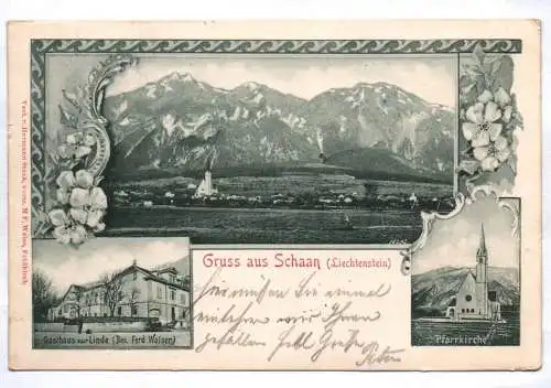 Litho Ak Gruss aus Schaan Liechtenstein Pfarrkirche Gasthaus zur Linde 1900