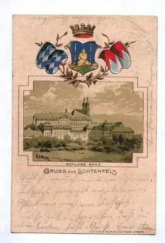 Litho Ak Gruss aus Lichtenfels Schloss Banz Präge Wappen 1899