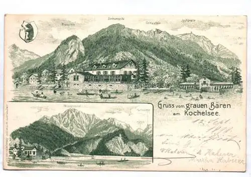 Litho Ak Gruss vom grauen Bären am Kochelsee 1898 wohl Vorläufer