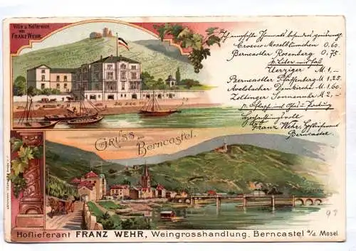 Litho Ak Gruss aus Bernkastel Wehr Weingroßhandel Berncastel Mosel 1898