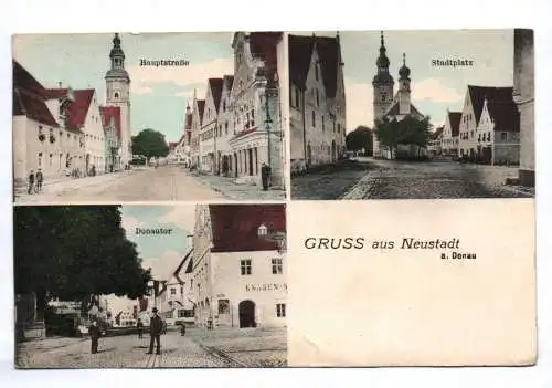 Litho Ak Gruss aus Neustadt an der Donau Hauptstraße Donautor Stadtplatz 1920