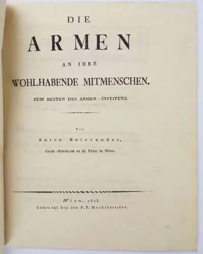 Die Armen an Ihre wohlhabenden Mitmenschen Anton Balevender 1815 Wien Gebet