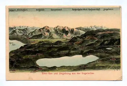 Künstler Ak Sims See und Umgebung aus der Vogelschau 1909 Rosenheim