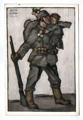 Künstler Ak Soldat mit Gewehr und Kleinkind 1914 Richard Klein