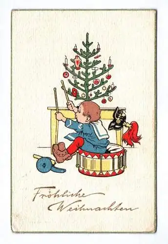 Ak Fröhliche Weihnachten Kind mit Trommel am Weihnachtsbaum 1913