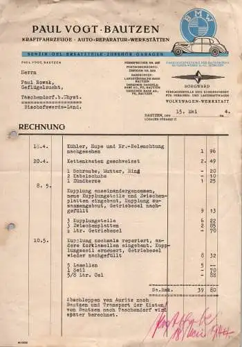 BMW Rechnung Paul Vogt Bautzen 1944 Briefkopf Auto PKW Oldtimer 3 Stück