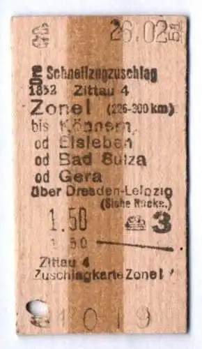 Alter Fahrschein Schnellzugzuschlag Zonel bis Könnern od Eisleben 1951